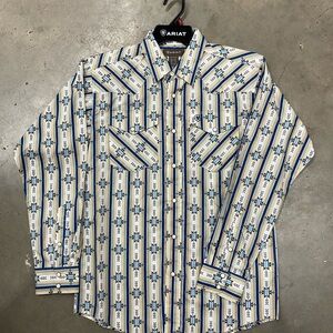 Ariat Men's Casual Blue and Cream Patterned Shirt